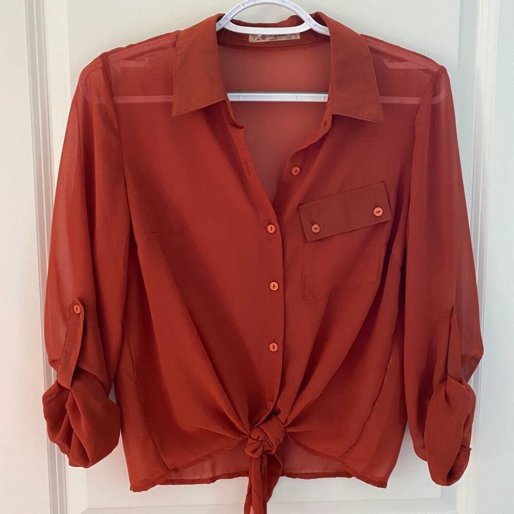 Pauln KC Brick Red Front Tie Blouse - Picture 2 of 7